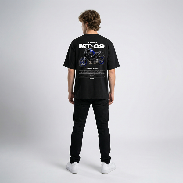 Black Yamaha MT-09 t-shirt full body back view with large MT-09 back print | Durty Bikerz