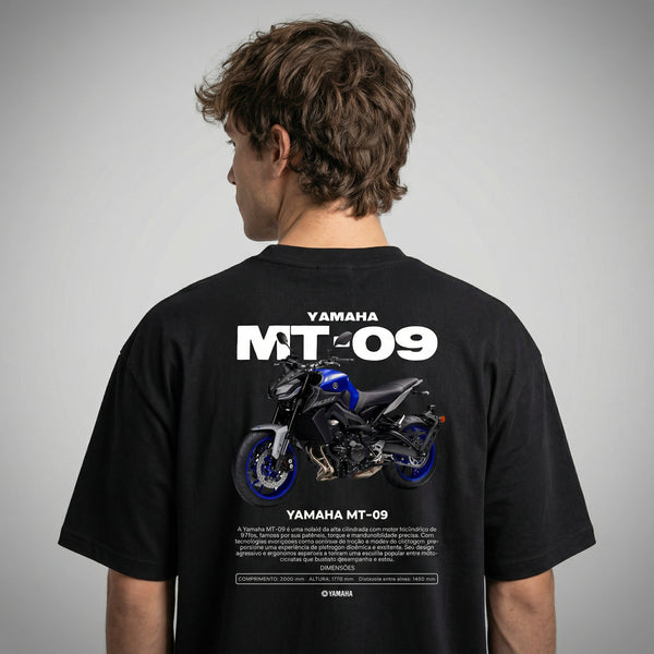 Black Yamaha MT-09 t-shirt back view with MT-09 motorcycle graphic print | Durty Bikerz