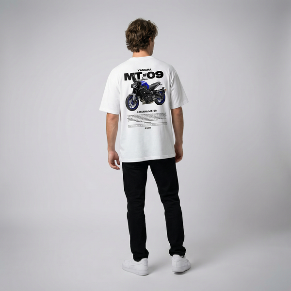 White Yamaha MT-09 t-shirt full body back view showing large MT-09 back print | Durty Bikerz