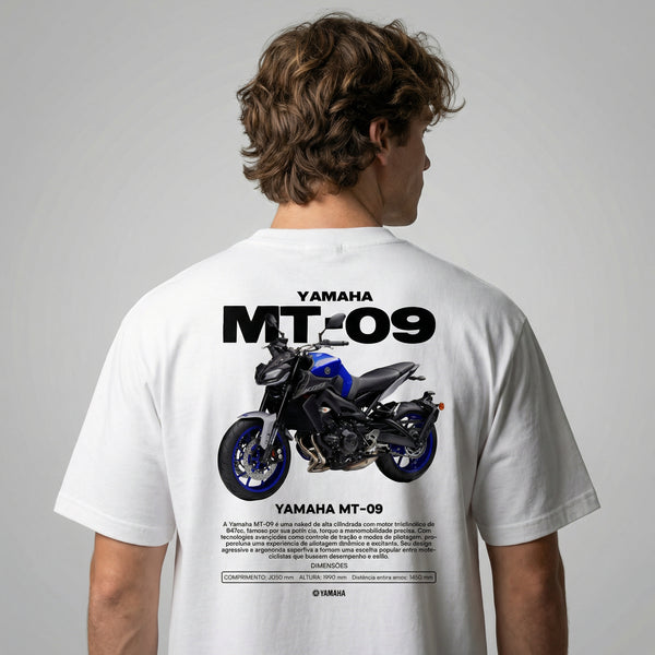 White Yamaha MT-09 t-shirt back view with MT-09 motorcycle graphic print | Durty Bikerz