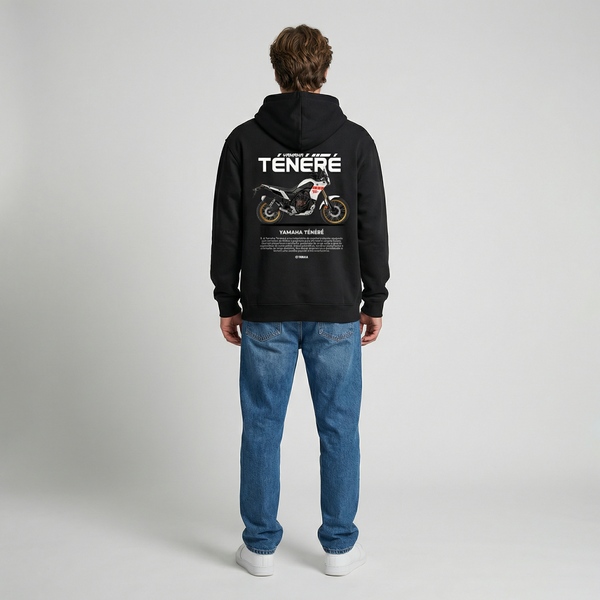 Black Yamaha Ténéré hoodie full body back view with large Ténéré back print | Durty Bikerz