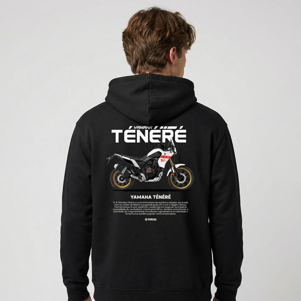 Black Yamaha Ténéré hoodie back view with Ténéré adventure motorcycle graphic print | Durty Bikerz