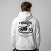 White Yamaha Ténéré hoodie back view with Ténéré adventure motorcycle graphic print | Durty Bikerz