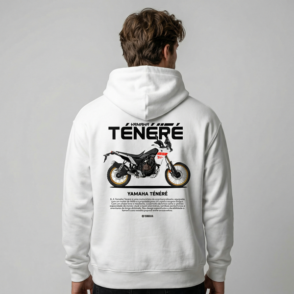 White Yamaha Ténéré hoodie back view with Ténéré adventure motorcycle graphic print | Durty Bikerz