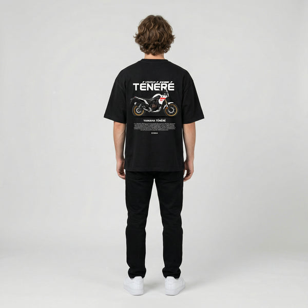 Black Yamaha Ténéré t-shirt full body back view with large Ténéré back print | Durty Bikerz