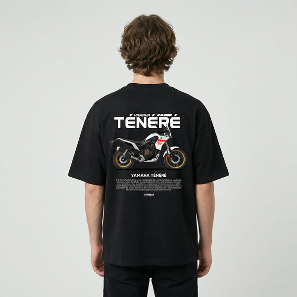 Black Yamaha Ténéré t-shirt back view with Ténéré adventure motorcycle graphic print | Durty Bikerz