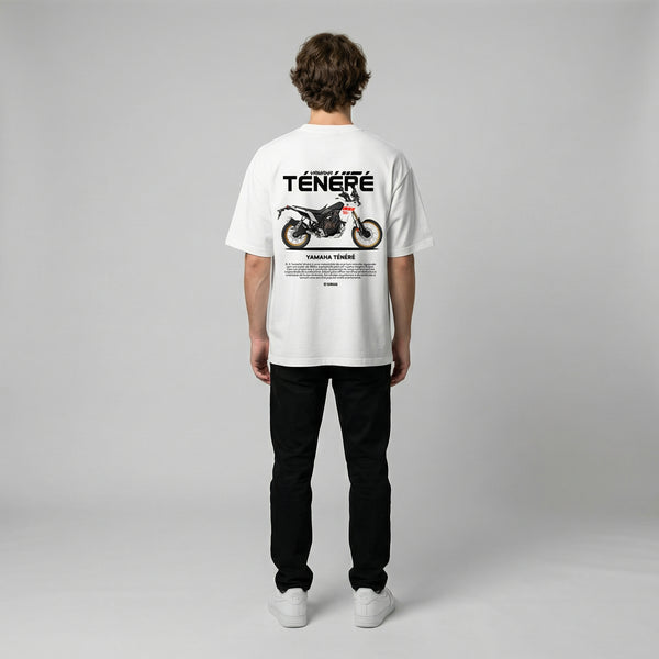 White Yamaha Ténéré t-shirt full body back view showing large Ténéré back print | Durty Bikerz