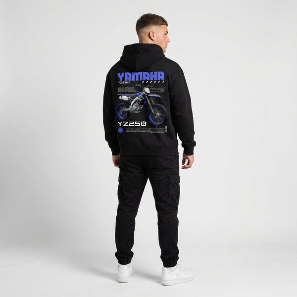 Black Yamaha YZ250 hoodie full body back view with large YZ250 back print | Durty Bikerz