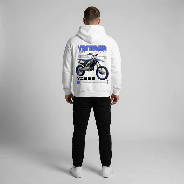 White Yamaha YZ250 hoodie full body back view showing large YZ250 back print | Durty Bikerz