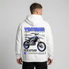 White Yamaha YZ250 hoodie back view with YZ250 motocross bike graphic print | Durty Bikerz