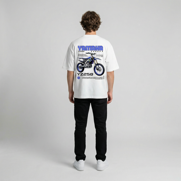White Yamaha YZ250 t-shirt full body back view showing large YZ250 back print | Durty Bikerz