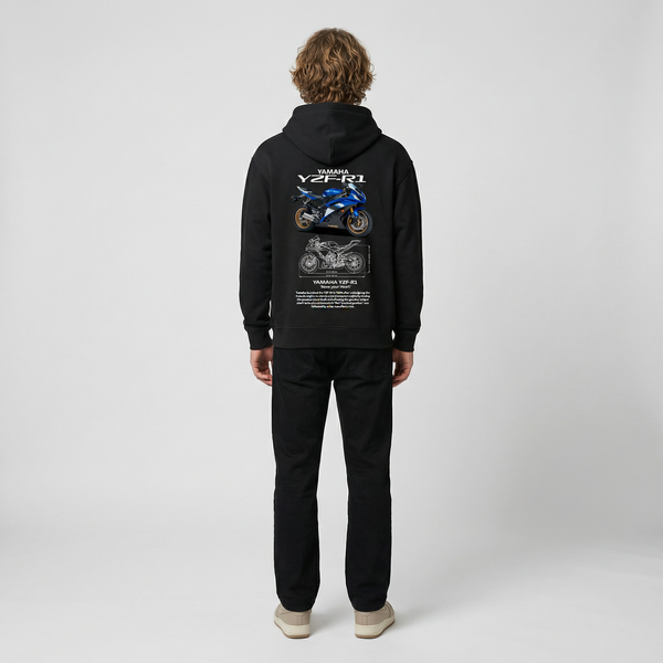 Black Yamaha YZF-R1 hoodie full body back view with large YZF-R1 back print | Durty Bikerz
