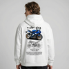 White Yamaha YZF-R1 hoodie back view with YZF-R1 superbike graphic print | Durty Bikerz