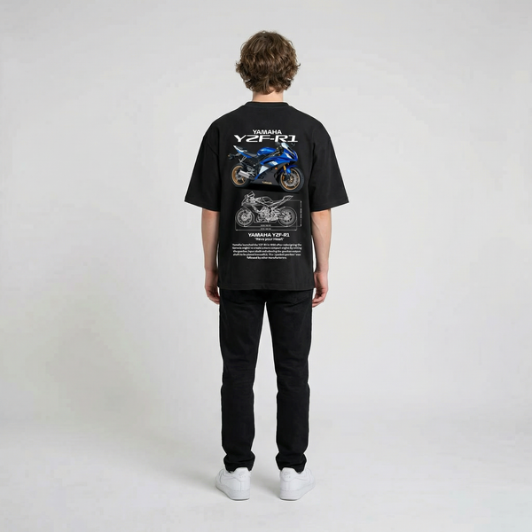 Black Yamaha YZF-R1 t-shirt full body back view with large YZF-R1 back print | Durty Bikerz