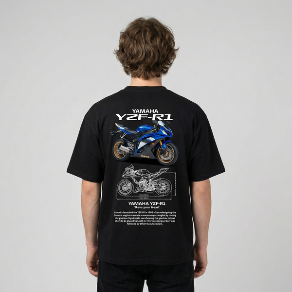 Black Yamaha YZF-R1 t-shirt back view with YZF-R1 superbike graphic print | Durty Bikerz